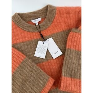 NWT! Mens Reiss Frazer Rugby Stripe Alpaca Blend Crewneck Sweater Camel Orange L